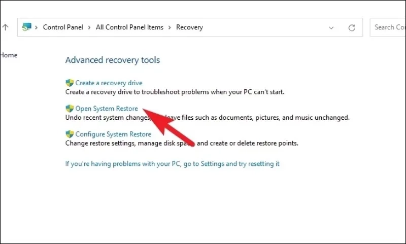 ابزار Open System Restore ویندوز