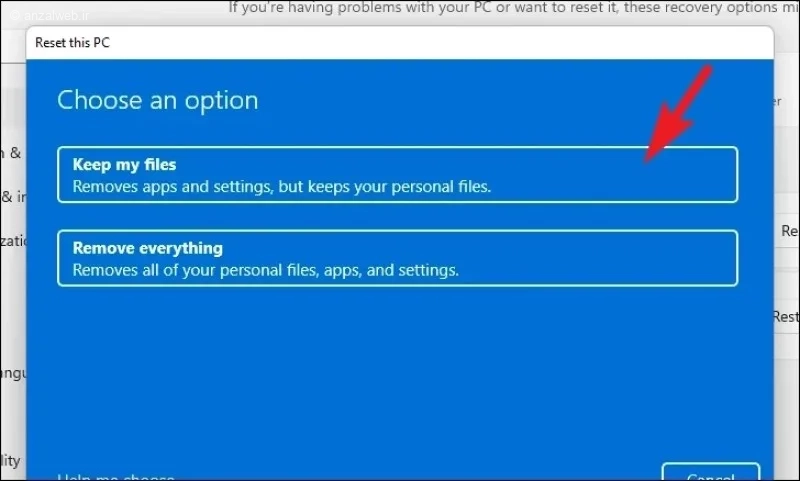 ریست ویندوز با حفظ اطلاعات شخصی با Keep my files