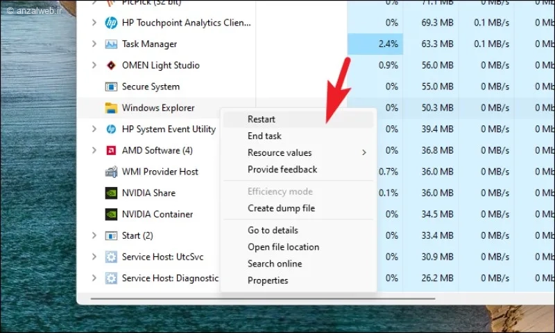 رفع مشکل ناپدید شدن تسکبار ویندوز با ریاستارت Windows Explorer
