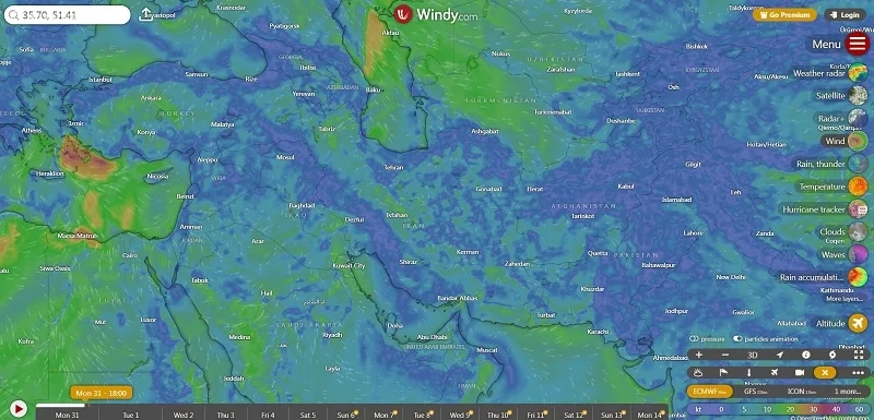 سایت Windy.com، دارای نقشه‌ دوبعدی و سه‌بعدی آب‌وهوا