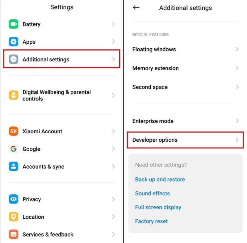 دسترسی به Developer Options در بخش Additional settings شیائومی