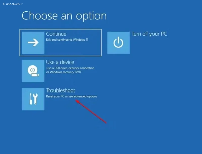 صفحه Choose an Option گزینه Troubleshoot ویندوز 11