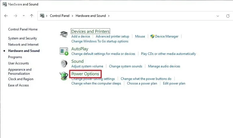 بخش Power Options در کنترل پنل