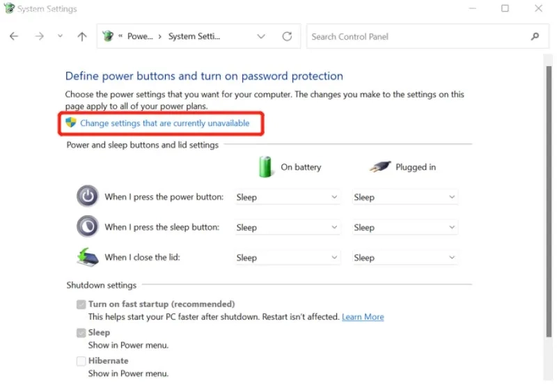 گزینه Change settings that are currently unavailable در کنترل پنل