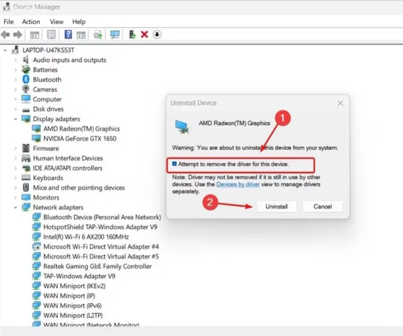 حذف آداپتور گرافیک در Device Manager