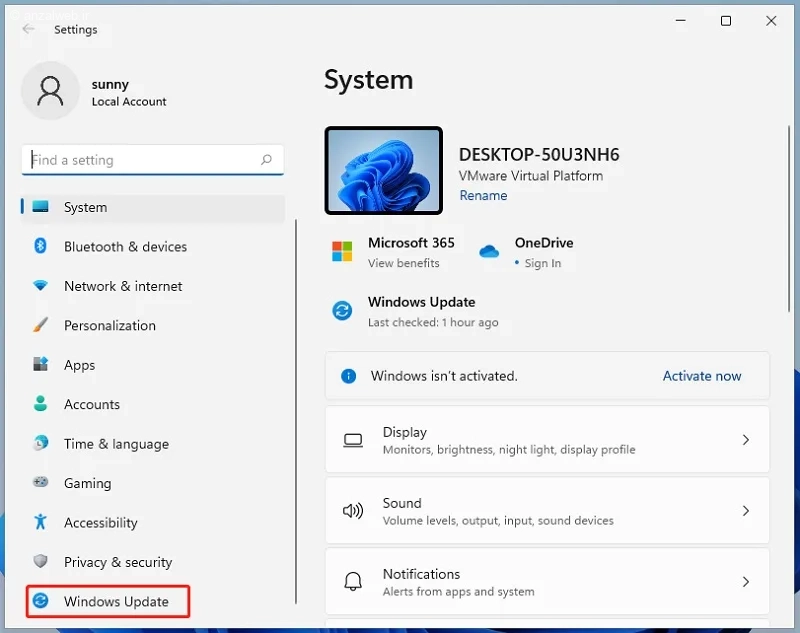 باز کردن پنجره Windows Update