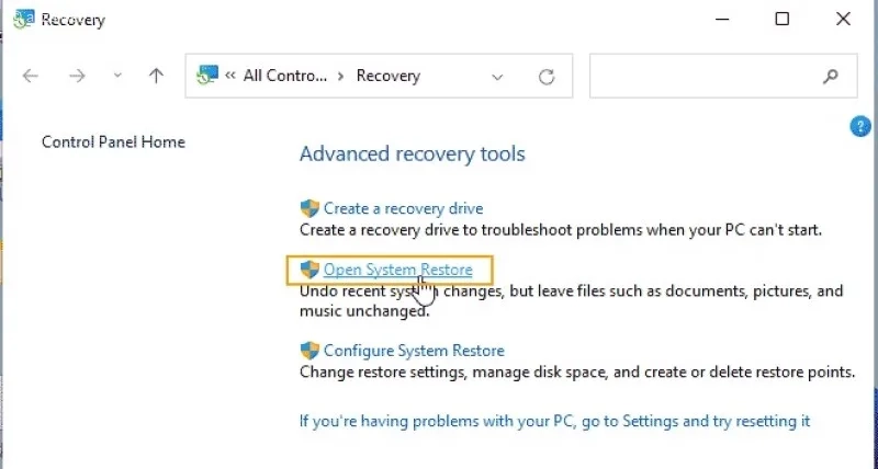 بازیابی سیستم (System Restore) برای رفع مشکل
