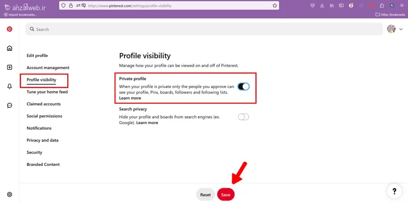 تنظیمات پروفایل پینترست