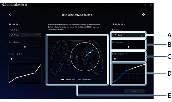 تنظیمات صفحه Stick Sensitivity