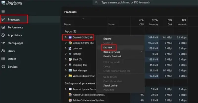 بستن تسکهای پس زمینه دیسکورد برای حل مشکل Update Failed دیسکورد
