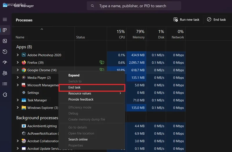توقف عملکرد مرورگر در Task Manager