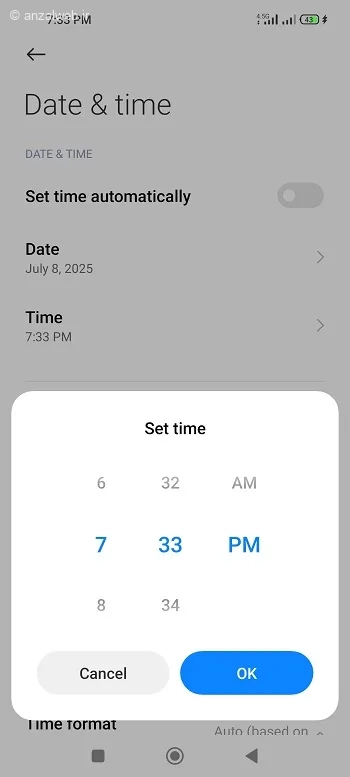 از طریق گزینه Time ساعت را به صورت صحیح دستی تنظیم کنید