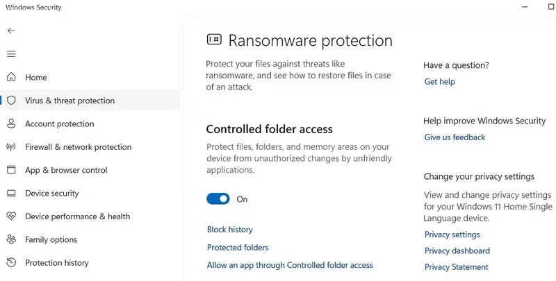 فعال کردن Controlled Folder Access در Windows Security
