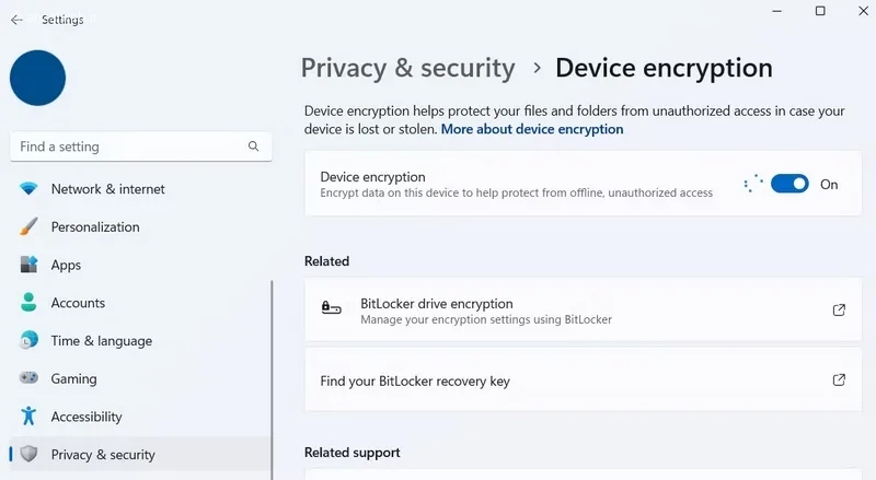 Device Encryption در ویندوز 11
