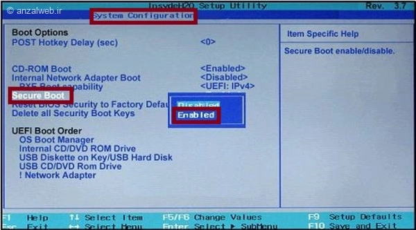 بررسی Secure Boot از طریق BIOS/UEFI