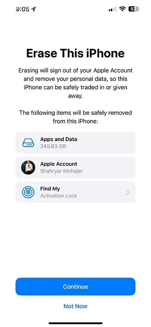 گزینه Erase All Content and Settings