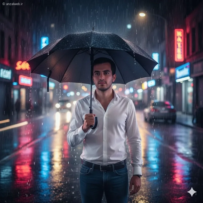 پرامپت ساخت عکس هوش مصنوعی شب بارانی با چتر