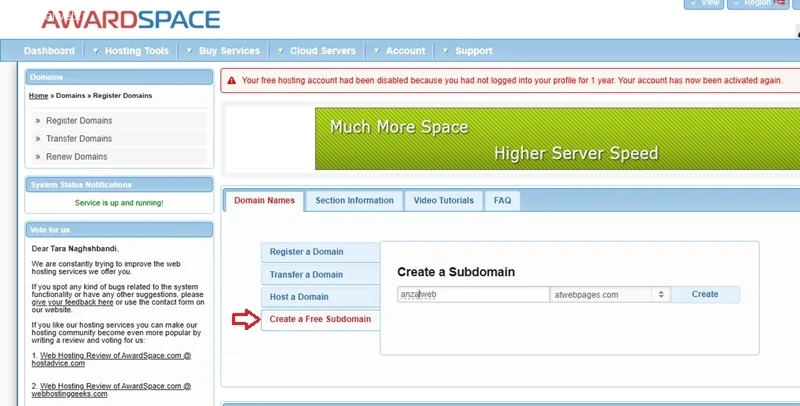 ثبت دامنه رایگان در سایت awardspace