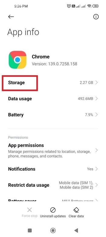 گزینه Storage