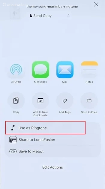 انتخاب set as ringtone برای گذاشتن زنگ دلخواه برای آیفون 