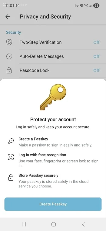 گزینه Create Passkey تلگرام