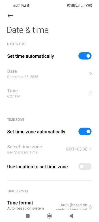 گزینه های Automatic date & time