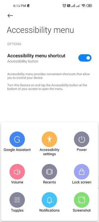 گزینه Accessibility Menu shortcut