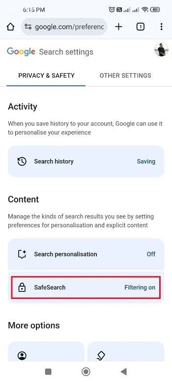 SafeSearch کروم اندروید