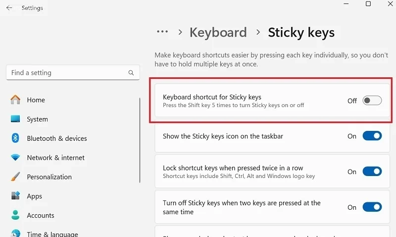گزینه Keyboard shortcut for Sticky keys ویندوز 11
