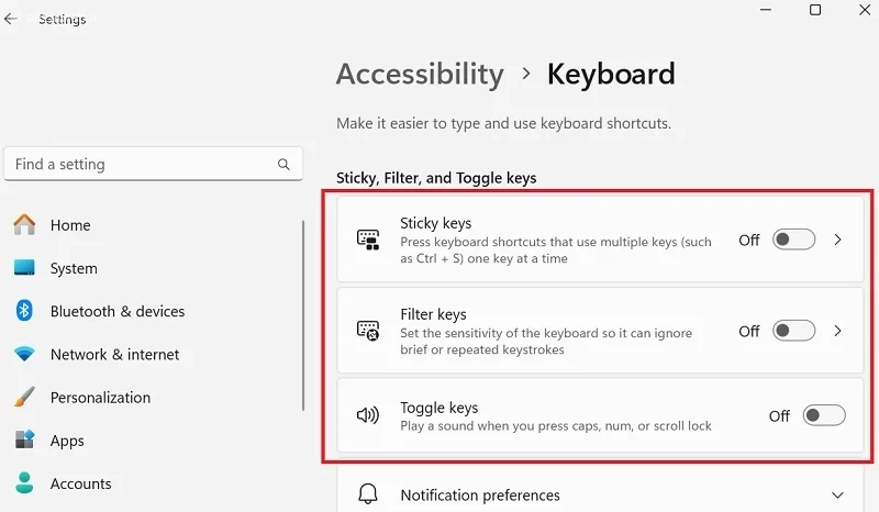 گزینه Sticky Keys را خاموش
