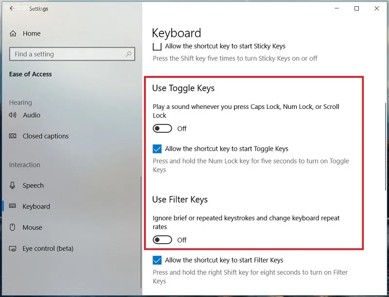 گزینه‌های Filter Keys و Toggle Keys را نیز غیر فعال کنید