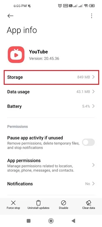 گزینه Storage