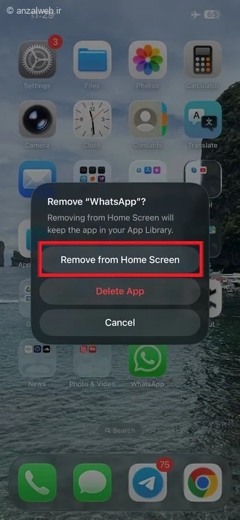 انتخاب گزینه Remove from Home Screen (حذف از صفحه اصلی)