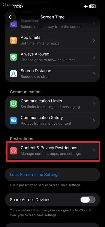 بخش Content & Privacy Restrictions