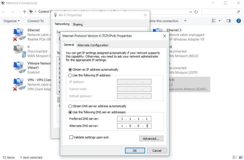 گزینه Use the following DNS server addresses