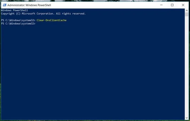 اجرا دستور Clear-DnsClientCache برای ریست کش ویندوز