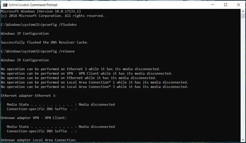 اجرا دستور ipconfig /release در ویندوز