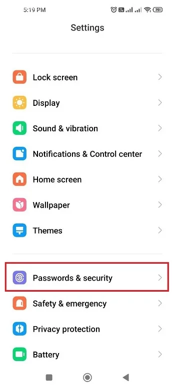 قسمت Passwords & security