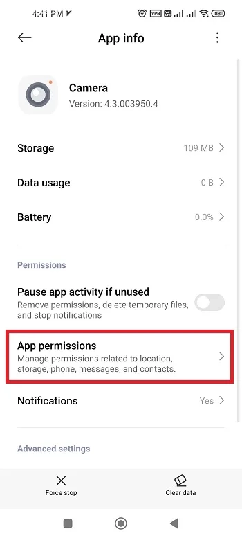 گزینه App Permissions دوربین شیائومی