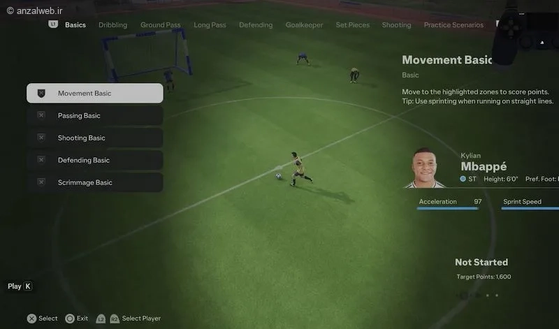 بخش هایی مثل Basic، Dribbling، Shooting و..