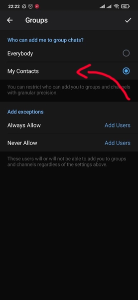 بررسی تنظیمات دعوت به گروه برای رفع مشکل بالا آمدن خودکار تلگرام