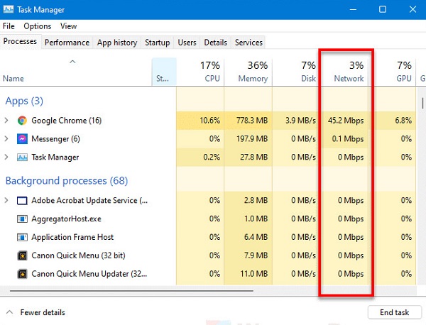 نحوه مشاهده میزان مصرف اینترنت در ویندوز 11 و برنامه‌ها در Task Manager در Task Manager هم می‌توانید میزان مصرف اینترنت در ویندوز 11 و برنامه‌ها را مشاهده کنید. Ctrl + Shift + Esc را فشار دهید تا Task Manager باز شود. روی More details بزنید تا همه برنامه‌ها نمایش داده شود. روی سربرگ Processes بزنید. در این بخش ستونی به نام Network وجود دارد. در این بخش می‌توانید میزان مصرف اینترنت هر برنامه را مشاهده کنید. با کلیک روی ستون Network می‌توانید برنامه‌ها را از بیشترین به کمترین میزان مصرف اینترنت مرتب کنید. این گونه می‌توانید متوجه شوید کدام برنامه بیشتر مصرف اینترنت را دارد و سرعت نت شما را کم می‌کند. سپس وارد سربرگ Performance شوید. روی Open Resource Monitor بزنید. در پنجره Resource Monitor روی سربرگ Network بزنید. روی Processes with Network Activity بزنید. در این بخش می‌توانید پهنای باند هر کدام از برنامه‌های فعال را در Send (B/sec) ، Receive (B/sec) و Total (B/sec) مشاهده کنید. در Send می‌توانید میزان ارسال اینترنت از سیستم خود را مشاهده کنید. در بخش Receive می‌توانید میزان دیتای دریافتی سیستم خود را مشاهده کنید. در بخش Total هم می‌توانید مجموع این دو را مشاهده کنید. 