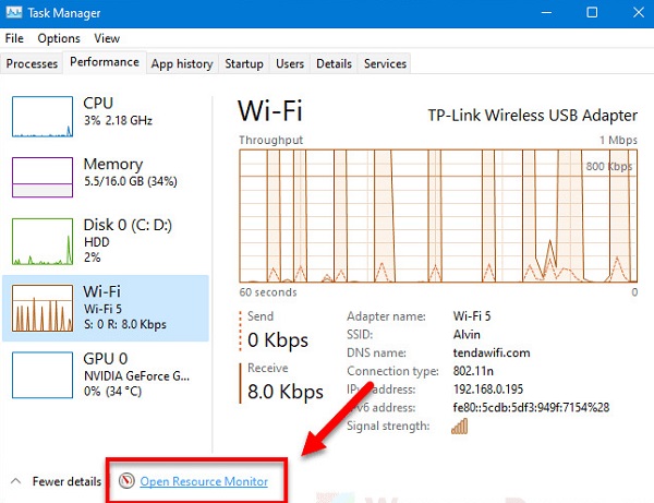 نحوه مشاهده میزان مصرف اینترنت در ویندوز 11 و برنامه‌ها در Task Manager در Task Manager هم می‌توانید میزان مصرف اینترنت در ویندوز 11 و برنامه‌ها را مشاهده کنید. Ctrl + Shift + Esc را فشار دهید تا Task Manager باز شود. روی More details بزنید تا همه برنامه‌ها نمایش داده شود. روی سربرگ Processes بزنید. در این بخش ستونی به نام Network وجود دارد. در این بخش می‌توانید میزان مصرف اینترنت هر برنامه را مشاهده کنید. با کلیک روی ستون Network می‌توانید برنامه‌ها را از بیشترین به کمترین میزان مصرف اینترنت مرتب کنید. این گونه می‌توانید متوجه شوید کدام برنامه بیشتر مصرف اینترنت را دارد و سرعت نت شما را کم می‌کند. سپس وارد سربرگ Performance شوید. روی Open Resource Monitor بزنید. در پنجره Resource Monitor روی سربرگ Network بزنید. روی Processes with Network Activity بزنید. در این بخش می‌توانید پهنای باند هر کدام از برنامه‌های فعال را در Send (B/sec) ، Receive (B/sec) و Total (B/sec) مشاهده کنید. در Send می‌توانید میزان ارسال اینترنت از سیستم خود را مشاهده کنید. در بخش Receive می‌توانید میزان دیتای دریافتی سیستم خود را مشاهده کنید. در بخش Total هم می‌توانید مجموع این دو را مشاهده کنید. 