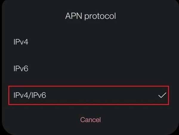 پروتکل APN را روی IPv4/IPv6 تنظیم کنید