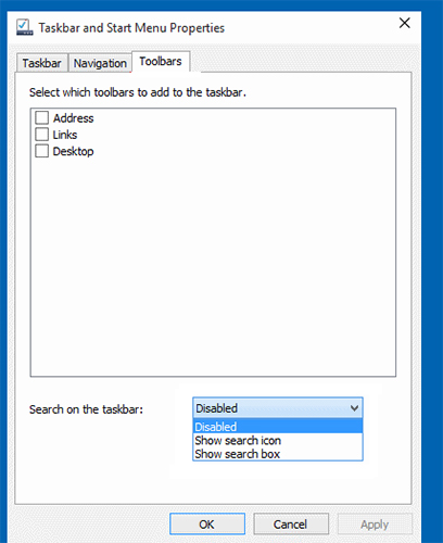 حذف search box از taskbar ویندوز 10