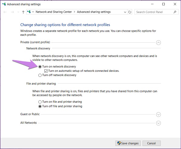 رفع خطای network discovery is turned off ویندوز 10 و 11 با انتخاب حالت اشتراک گذاری مناسب