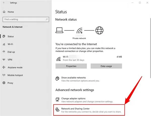 انتخاب گزینه Network and Sharing Center برای دیدن پسورد وای فای ویندوز