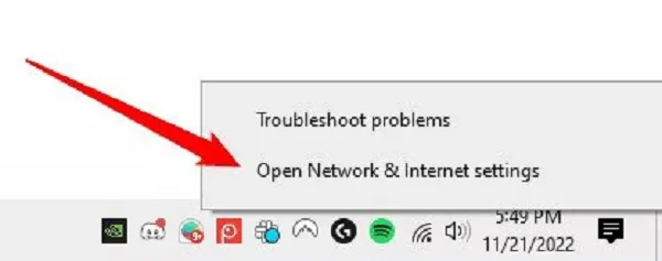 انتخاب گزینه Open Network & Internet Settings