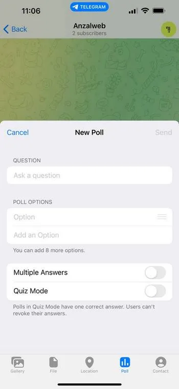 طریقه ساخت نظرسنجی در تلگرام آیفون (iOS)