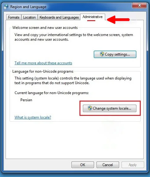 تنظیمات Change system locale برای ویندوز 7
